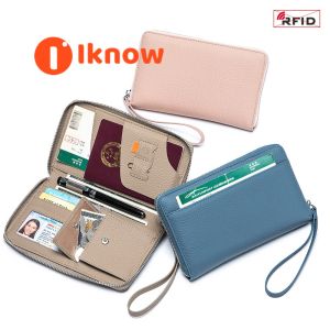 I know New Genuine Leather Anti-Theft Multi-Functional Passport Wallet for Women - Large Capacity Travel Document Organizer with RFID Protection