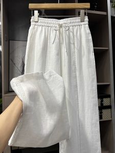 Summer New Arrival Lightweight Comfortable Womens Straight Leg Pants Drawstring Elastic Waist Wide Leg White High End Trousers