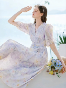 XIANGYING | V-neck Tencel Summer Dress Purple Print Resort Style