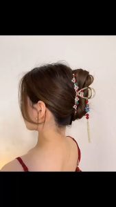 Jepit Rambut Korea Bahan Alloy 10.7cm Motif Sakura Rumbai Mutiara Jedai Logam Mewah HCPT003