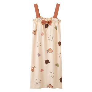 Miiow | Pure Cotton Womens Summer Nightgown With Chest Pad Cartoon Print Casual Home Wear Mid-length Dress Single Strap One-piece