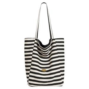 Trendy Striped Canvas Tote Bag Womens Single Shoulder Shopping Bag Commuter Bag Soft Handbag Korean Style Casual Bag
