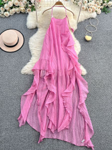 Váy Dài Không Tay Không Dây Hở Lưng Thiết Kế Bất Đối Xứng Mùa Hè 2025 Váy Midi Cạp Cao Không Tay Váy Nữ Thanh Lịch