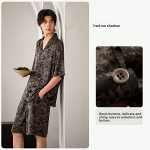 yuenei | Mens Summer Ice Silk Short Sleeve Sleepwear Home Clothes Thin Model Pants Casual Loose Fit Youth Polyester Blend Comfortable