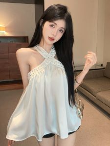 GUZILIAN | Elegant Diamond Embellished Silk Velvet Strap Vest Women Summer Pure Desire One Shoulder Hanging Neck Tube Top Thai Unique Beautiful