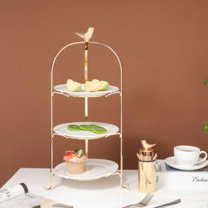 Kitchen Plus BIRD 2 tier or 3 tier Gold Cake Stand with 8 inch Ceramic Plate KP394