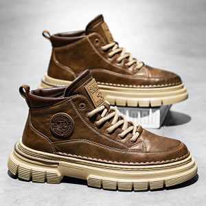 American Style Martin Boots Mens High Top Outdoor Desert Boots Genuine Leather Workwear Boots Retro British Yellow Boots