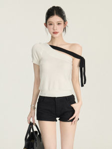 Áo Len Dệt Kim Cổ Chữ V Tay Ngắn Đa Năng Cchun Pure Bé Gái Xuân Hè Nhiều Cách Buộc Vai Cổ Điển Cho Nữ