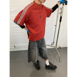 UMAMIISM Loose Fit American Retro Striped Sport T-Shirt Shoulder Sleeve Insertion Short Sleeve Summer Top for Youth