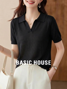 Basic House | Black 100% Tencel V-Neck Lightweight Womens Summer Knit Top