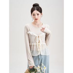 SHANGWEILUO | Bộ Áo Thun Dài Tay Ôm Cổ Tròn Tay Loét Ren