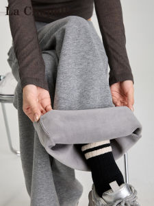 La Chapelle | Light Grey Fleece Lined Wide Leg Pants High Waist Straight Leisure Draping Trousers