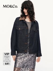MO&Co. | Jeans Jacket Cotton Removable Leather Collar Light Punk Spring And Autumn