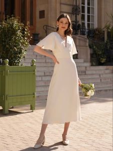 ชุดเดรสยาวผ้าไหมสีขาวหรูหรา ดีไซน์เปิดหลัง ชุดราตรีสุดหรู ชุดเดรสยาวสไตล์ฝรั่งเศส ฤดูร้อน 2023 แขนสั้น เอวสูง