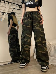 American Street Style Hip Hop Camouflage Loose Womens Casual Pants High Waist Workwear Trousers Slimming Trendy Brand