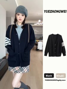 YUEZHONGWEI | Black Three-Stripe Loose Knit Sweater 2025 Autumn/Winter