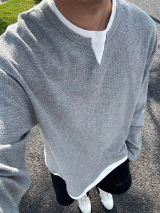 เสื้อยืดคอวีแขนยาวสำหรับผู้ชาย สไตล์ย้อนยุค สีเทาอ่อน ผ้าฝ้ายผสมโพลีเอสเตอร์ ทรงหลวม สำหรับใส่ในฤดูใบไม้ร่วง