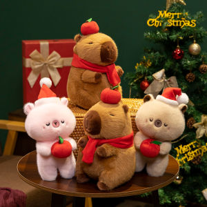 JOJO CASTLE 2025 Merry Christmas Gift Dress Up Capybara Plush Doll with Apple Red Scarf  Santa Capybara Plush Toy Soft Fluffy Capibara Fluffty Doll Christmas Toy 圣诞节礼物