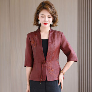 MAIMEI | New Chinese Style Womens Suit Cloud Silk Slim Fit Fashionable Anti-Aging Five Sleeve Length Coat Commute Style Plant Floral