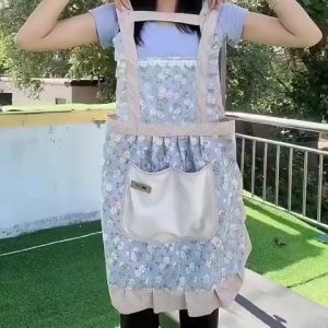 Floral Apron Kitchen Aprons Women Floral Princess Aprons Canvas Kitchen Aprons Cooking Bib for Restaurant Gardening Cooking Apron Floral Ruffled Cotton Waterproof Apron Suitable for Home and Kitchen Use Apron with Wiping Function