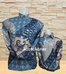 Biru Salem Kemeja batik Couple ayah dan anak laki laki katun solo premium lengan panjang