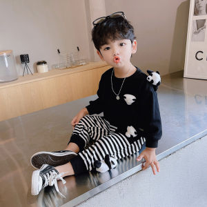 Cute Cartoon Panda Boys Cotton Outfit Set Casual Autumn Wear 2-3-5 Years Old Baby Clothes Comfortable Breathable Kids Ensemble