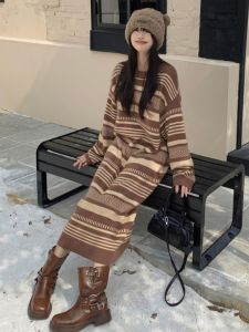 Idle Style Contrast Color Stripes Knitting Dress Womens Fall and Winter Retro Underwear Loose Straight Underwear Sweater Long Dress