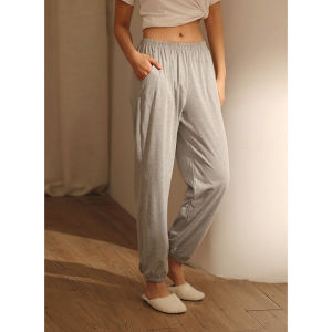 Womens Loose Fit Pure Cotton Sleepwear Pants Spring Autumn Lightweight Home Leisure Trousers Grey Drawstring Elastic Waist