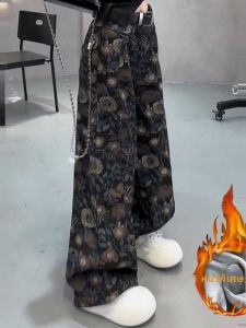 กางเกงยีนส์ทรงตรงขากว้างเอวสูงสำหรับผู้หญิง กางเกงยีนส์ผ้าขนแกะสีดำหนาแบบแห้งสำหรับฤดูหนาว กางเกงขายาวทรงหลวมสำหรับผู้หญิง