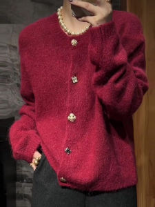 UYFY | Casual Korean Style Red Round Neck Knit Cardigan Soft and Warm