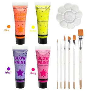 10 มล.ยูวีนีออนสี 4 ชิ้นชุด 6 แปรงสีพาเลทเรืองแสงปาร์ตี้แต่งหน้าสีนีออนสดใสปลอดภัยและล้างทำความสะอาดได้