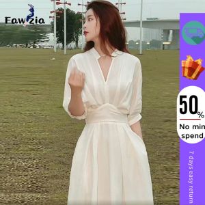 Fawzia French White V-neck Shirt Dress for Women Summer Plus Size Half-sleeved Waist-cinching Mid-length Skirt