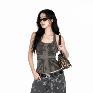 American Streetwear Spicy Girl Cross Print Stud Sleeveless Crop Top Slim Fit