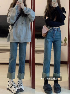 กางเกงยีนส์ทรงตรงเอวสูงสำหรับผู้หญิง กางเกงขายาวทรงสลิมฟิตทรงเก้าส่วน ทรงขากระบอกเล็ก ทรงกระบอกเล็ก ทรงลำลอง ฤดูใบไม้ร่วง 2025