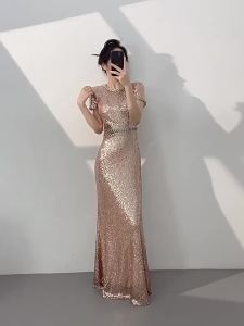 Elegant Mermaid Sequin Evening Dress Rose Gold