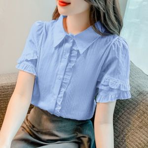 Áo Sơ Mi Trắng Cotton Nguyên Chất Cho Nữ Mùa Hè 2025 Áo Thun Tay Ngắn Giảm Tuổi Tác Phong Cách Mới Cổ Polo Tay Bồng Thường Ngày