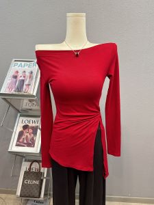 Shoulder Bared Long Sleeve Slim Fit T Shirt Womens Autumn Waist Cinched Slimming Base Shirt Small Audience Binding Top