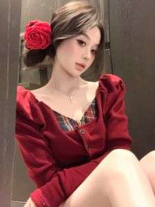 GUZILIAN | Retro Spicy Girl Heavy Work Fake Two-Piece Patchwork Waist-Cinching Fishbone Base Shirt Slimming Inner Knitted Top