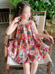 Summer Floral Print Halter Dress Beach Vacation Girls Skirt Cute Childrens Clothing Princess Style Sweet Style Outdoor Dress
