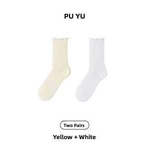 PUYU | Breathable Thin Mid-Calf Socks For Women Summer Cotton Nylon Blend Pure Color With Wood Grain Edge New 2025 Sweet Style Socks