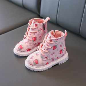 Warm Cotton Girls Boots British Style Strawberry Pattern Martin Boots Cute Ankle High Leather Boots for Little Girls