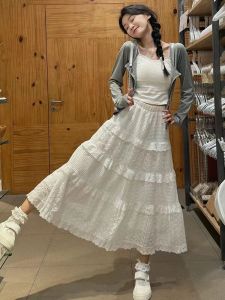 White High Waist Midi Skirt Womens Gentle Style Half-length Skirts Korean Version Polyester Fiber Cake Skirt YFS Brand