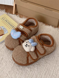 Soft Bottom Casual Fur Slippers for Women Winter Outerwear Cute Butterfly Knot Bear Bean Shoes Thin Strips Japanese Style Cotton Shoes