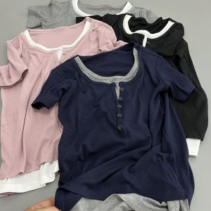 One Second Heartbeat Placket Button Fake Two-Piece T-shirts Stretch Silm Easiest for Match Short Sleeve round Neck Top Summer New Arrival Women