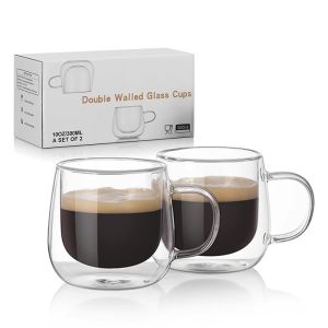 Double Layered Heat Resistant High Borosilicate Glass Coffee Cup with Handle for Tea Brewing Home Use 300ml Two Pack Diningware