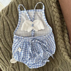 Cute Princess Plaid Baby Girl Summer Romper with Wings Butt Cover up Cotton Bodysuit Infant Toddler Kids Clothing Accessories