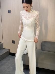 Elegant Lace Jumpsuit Long Sleeve High Waist Wide Leg Pants Pure Color Versatile Spring 2024 Stand Collar Slimming Effect