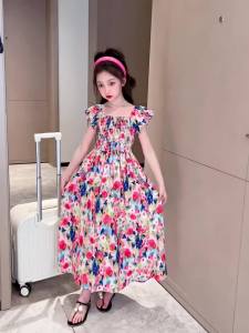 [PRINCESS KESLI] 2-11 Tahun Gaun anak perempuan musim panas anak-anak rok bunga tipis 2025 baru kerah persegi rok putri ukuran sedang dan besar rok panjang anak-anak yang bergaya rok putri manis dan imut