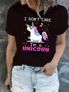 Fashion Creative Colorful Unicorn Pattern Printed Ladies Trendy Simple Casual Four Seasons T-Shirt Holiday Comfortable Y2K Tops