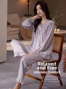 LEZIMENG | Luxe Satin Lace Long Sleeve Pajamas for Spring and Autumn